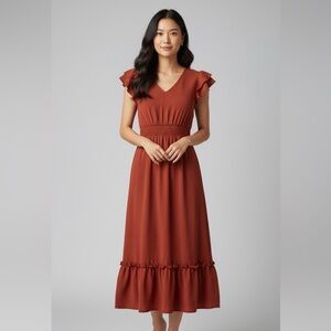 Chic Rust Midi Dress with Ruffle Sleeves
